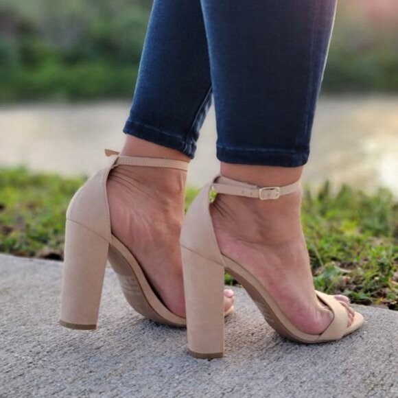 Beige Suede Ankle Strap Block Heel Dress Sandals - Picture 3 of 5